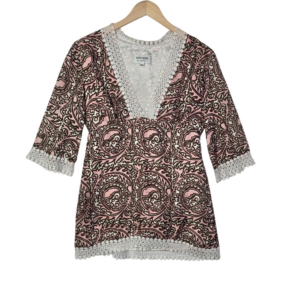 Skirtin Around Womens Size 6 Pink Brown‎ Paisley Silk Tunic Top Y2K Boho